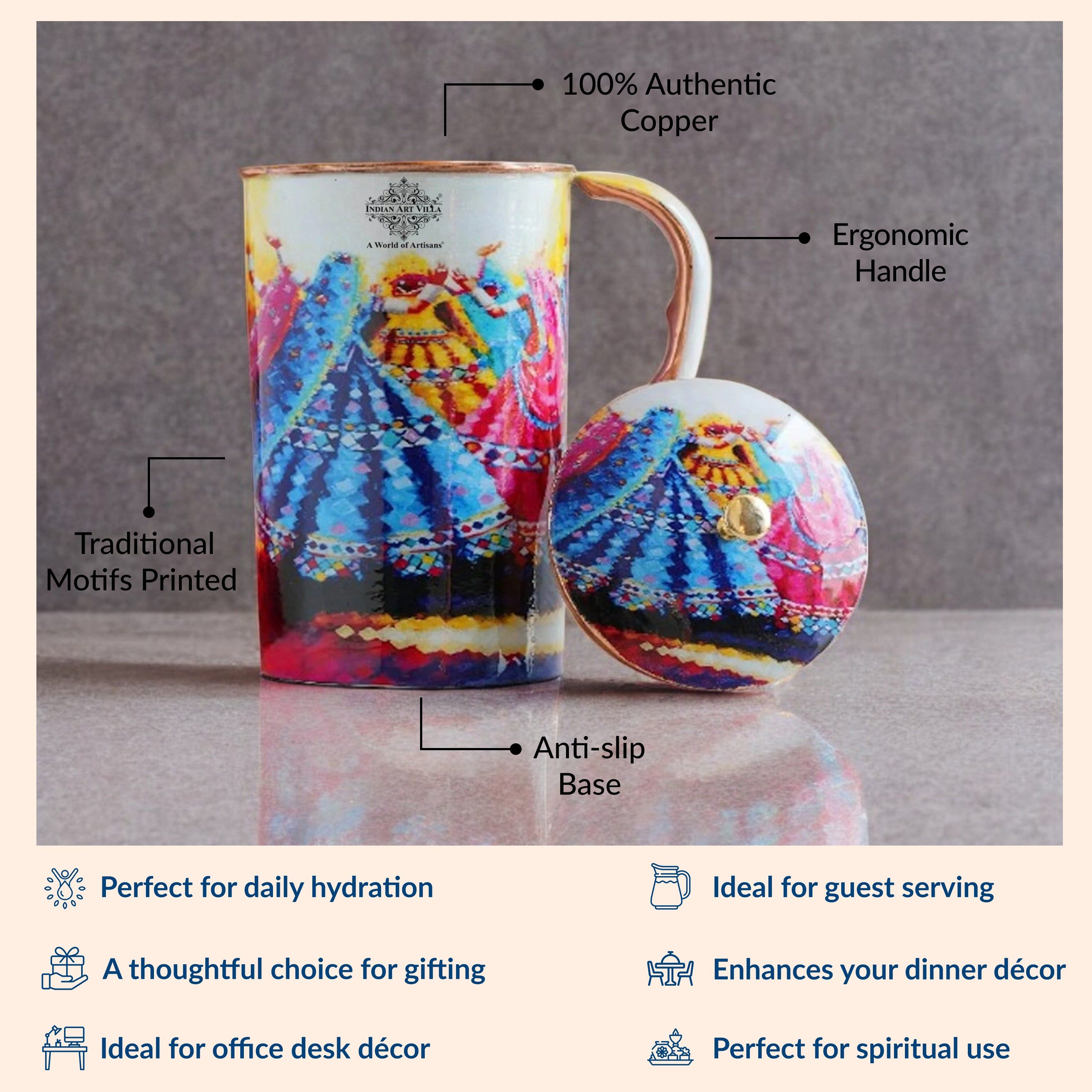 Pure copper printed jug padharo mhare desh design dancingwomen, 2000 ML